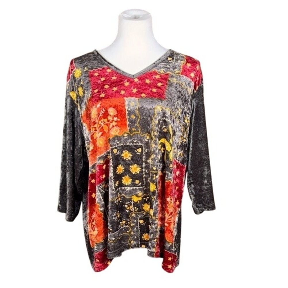 TR Bentley Plus Women 3X Crushed‎ Velvet Patchwork Floral V-Neck Tunic Top Grey
